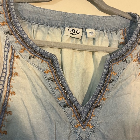 Cato Plus Size 18/20 Chambray Embroidered Blouse Gold beadwork Boho Hippie tunic - Picture 5 of 8